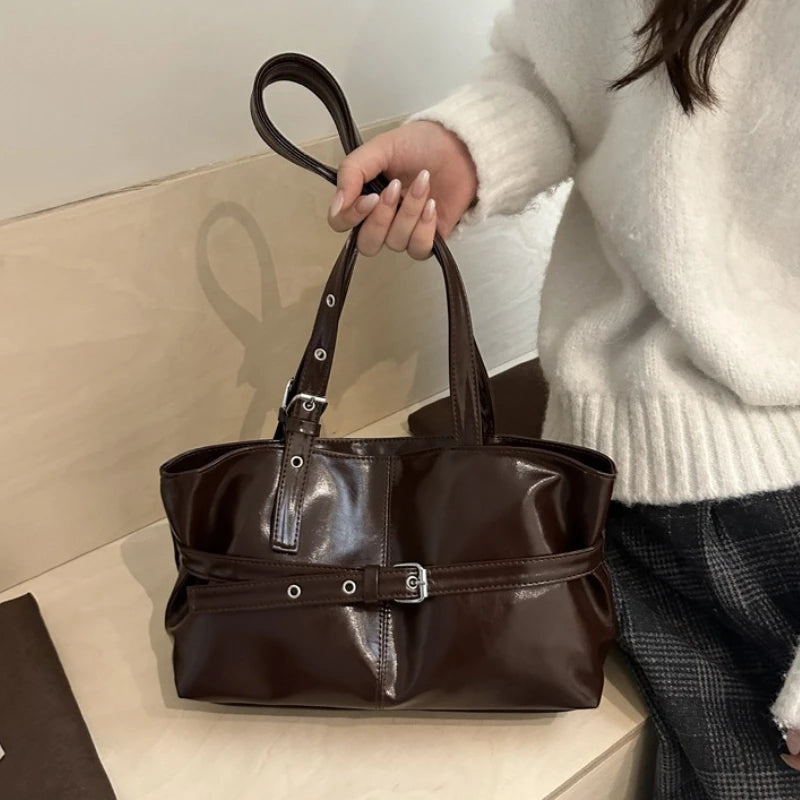 Retro Buckle Trimmed Tote Bag, Shiny Faux Leather Large Capacity Shoulder Purse with Adjustable Strap for Work Versatile Handbag