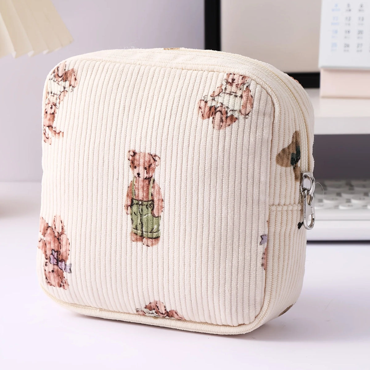 Corduroy Quilted Mini Cosmetic Bag with Floral Bear Pattern, Square Sanitary Napkin Storage, Portable Coin Purse/Key Pouch