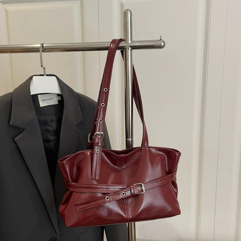 Retro Buckle Trimmed Tote Bag, Shiny Faux Leather Large Capacity Shoulder Purse with Adjustable Strap for Work Versatile Handbag