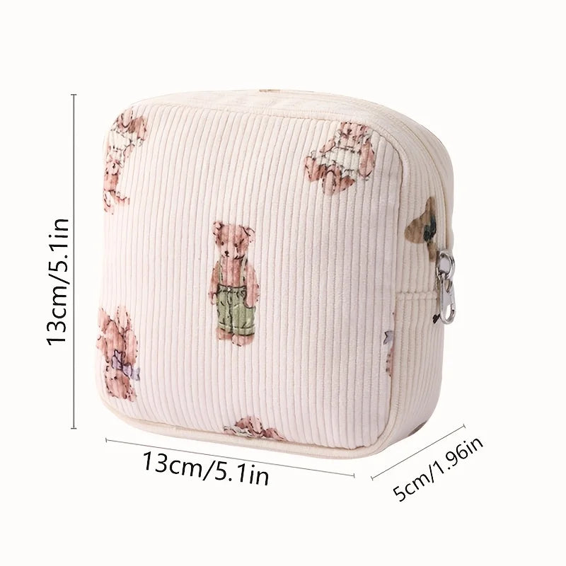 Corduroy Quilted Mini Cosmetic Bag with Floral Bear Pattern, Square Sanitary Napkin Storage, Portable Coin Purse/Key Pouch