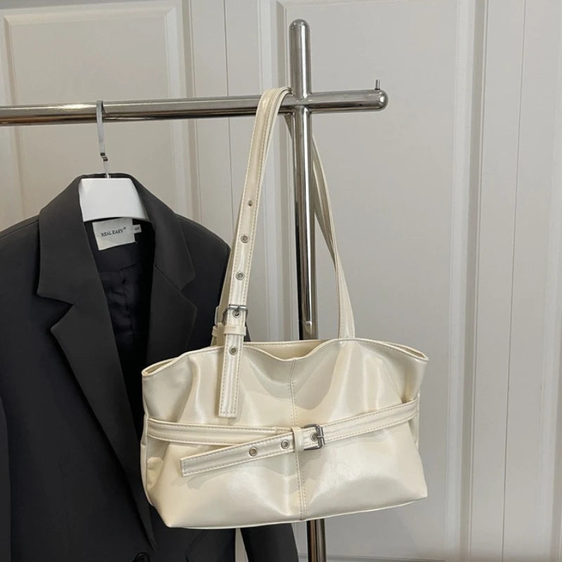 Retro Buckle Trimmed Tote Bag, Shiny Faux Leather Large Capacity Shoulder Purse with Adjustable Strap for Work Versatile Handbag