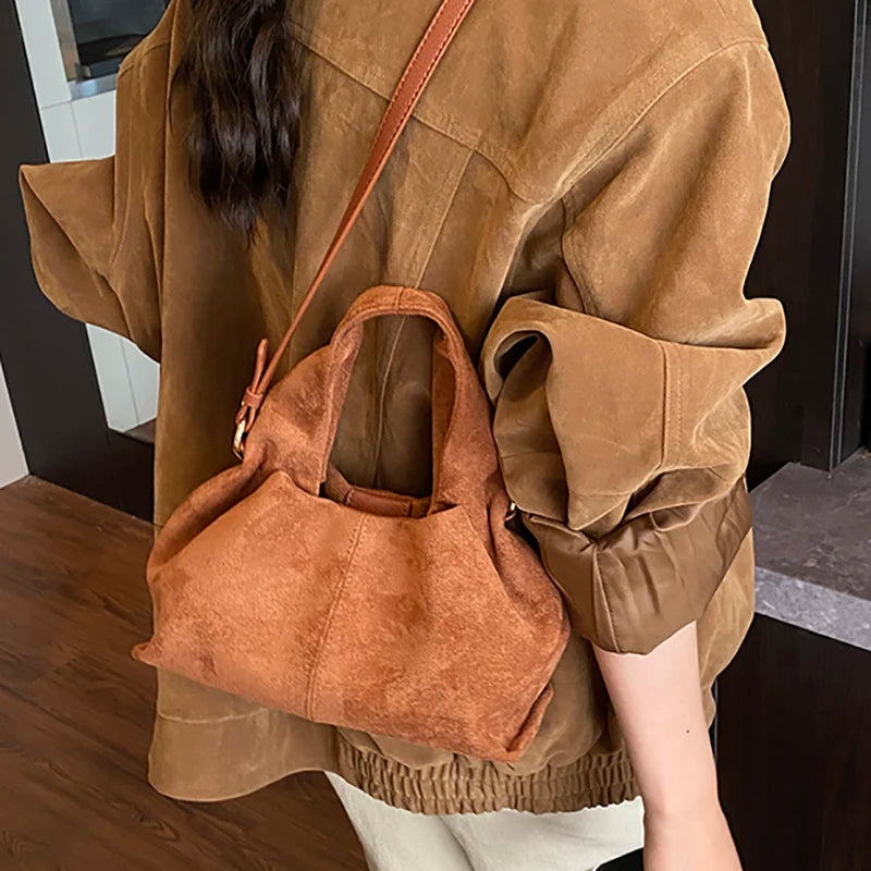 New Dumpling Bag Retro Suede PU Leather Women’s Handheld Shoulder Bag Single Shoulder Crossbody Bag Commuting Handheld Bag