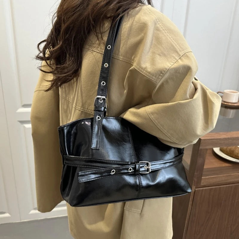 Retro Buckle Trimmed Tote Bag, Shiny Faux Leather Large Capacity Shoulder Purse with Adjustable Strap for Work Versatile Handbag