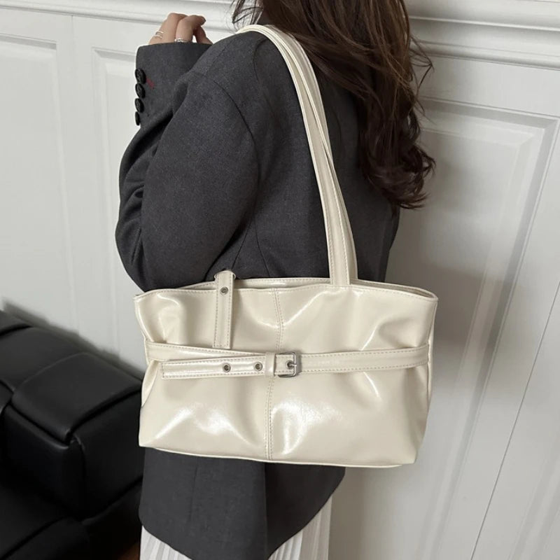 Retro Buckle Trimmed Tote Bag, Shiny Faux Leather Large Capacity Shoulder Purse with Adjustable Strap for Work Versatile Handbag