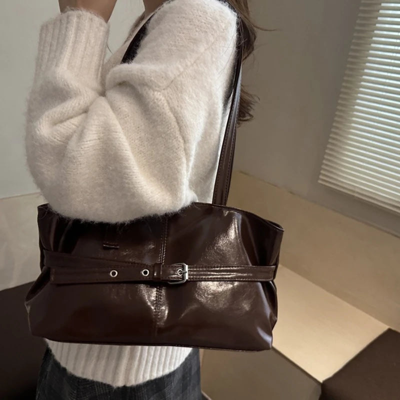 Retro Buckle Trimmed Tote Bag, Shiny Faux Leather Large Capacity Shoulder Purse with Adjustable Strap for Work Versatile Handbag