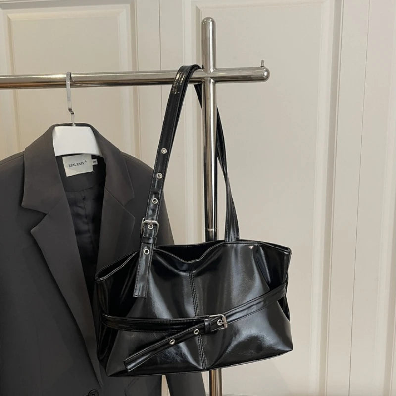 Retro Buckle Trimmed Tote Bag, Shiny Faux Leather Large Capacity Shoulder Purse with Adjustable Strap for Work Versatile Handbag