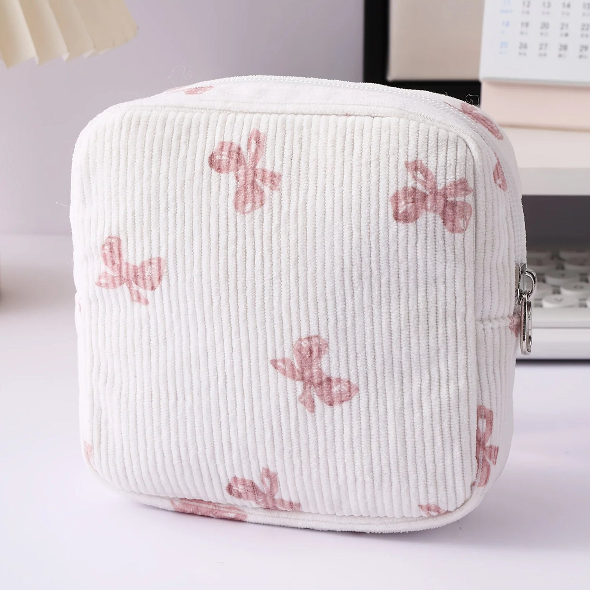 Corduroy Quilted Mini Cosmetic Bag with Floral Bear Pattern, Square Sanitary Napkin Storage, Portable Coin Purse/Key Pouch
