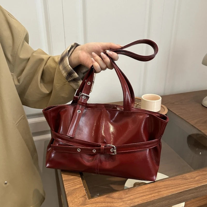 Retro Buckle Trimmed Tote Bag, Shiny Faux Leather Large Capacity Shoulder Purse with Adjustable Strap for Work Versatile Handbag